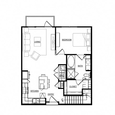 Floor plan for 1 bed, 1 bath, 810 sqft